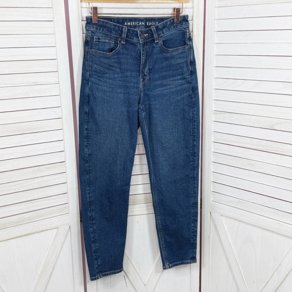 American Eagle Mom Jeans Women 2 Short Blue Tapered Leg High Rise Stretch Y2K